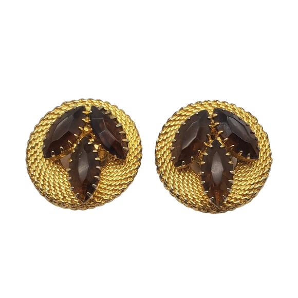 Retro Gold Mesh Clip on Earrings Brown Glass Bling MCM Rhinestones Vintage 1960s - Picture 4 of 6